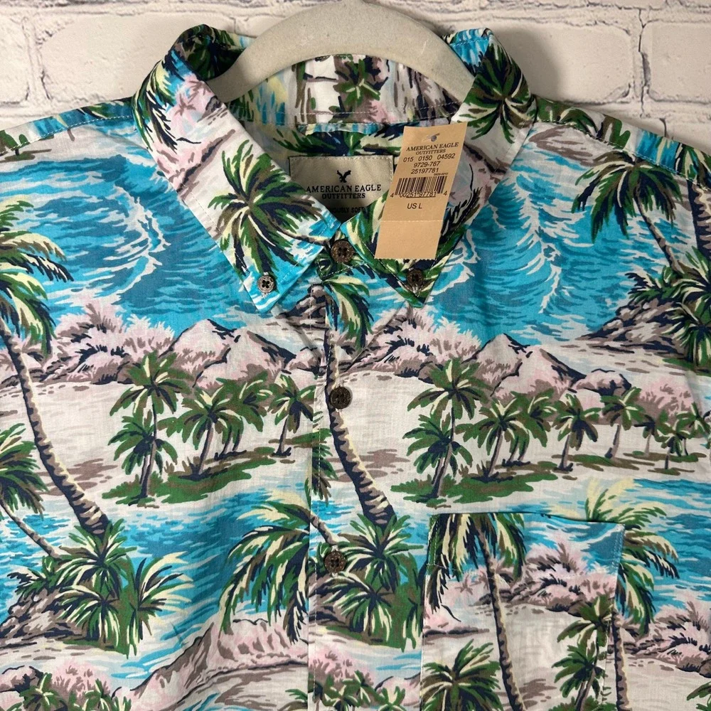 NEW American‎ Eagle Tropical Hawaiian Shirt Teal Palm Tree Button Down Large